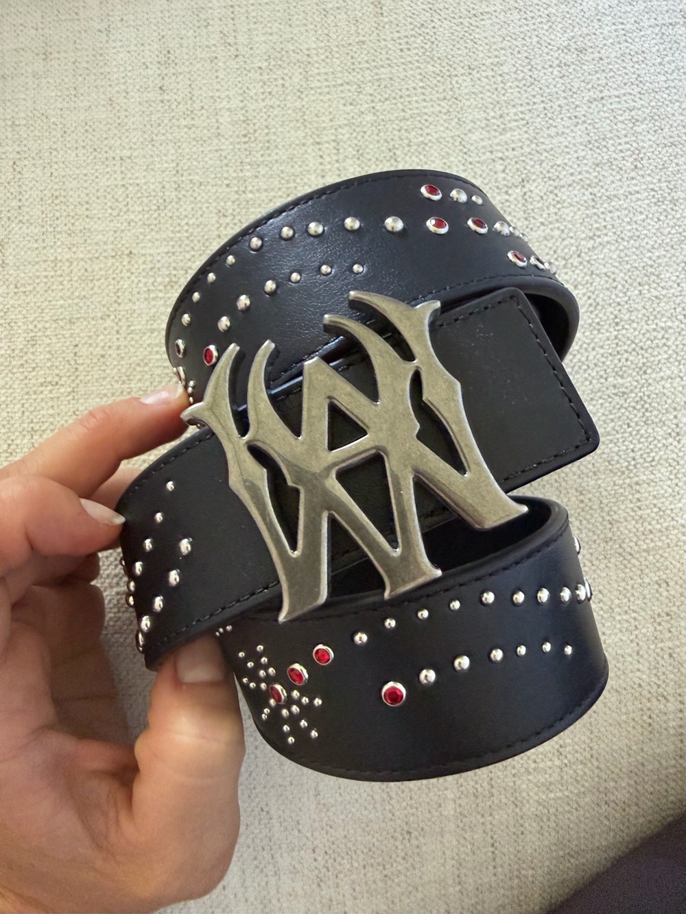 AMIRI Studded Leather Belt – Black with Red Crystal Detail – Size 85